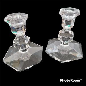 Vintage Val St Lambert Crystal Candlestick Holders 6.75” Tall Set of Two 1960